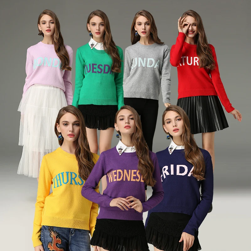  FTLZZ Women Sweater Monday To Sunday Embroidered Letters 7 Colors Sweater Pullovers Spring Autumn L