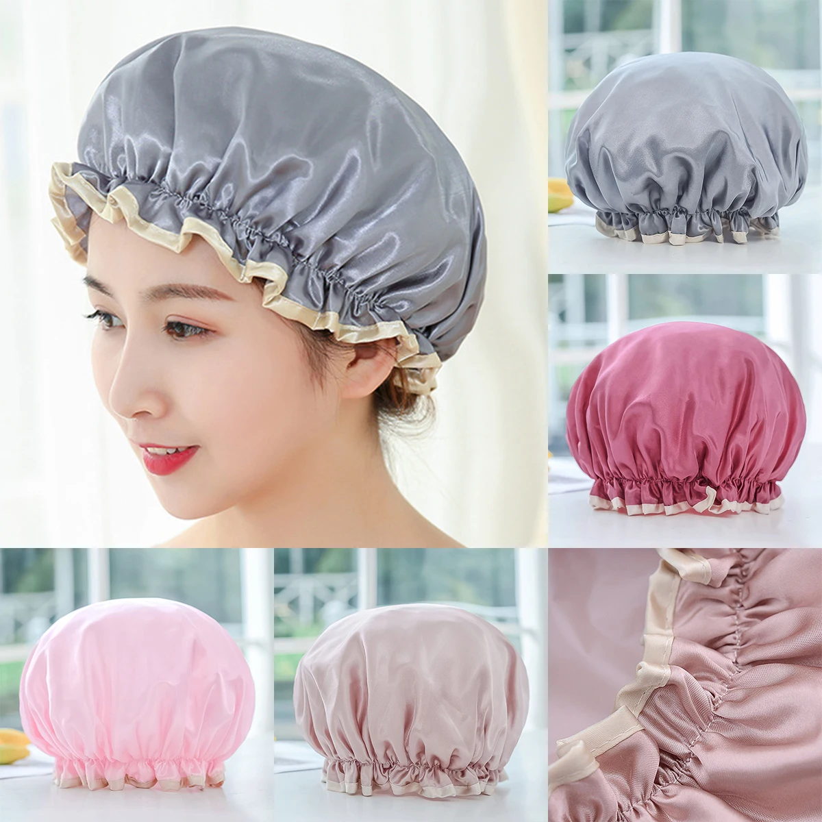 

1pc Lovely Thick Women Shower Satin Hats Colorful Bath Shower Caps Hair Cover Double waterproof Bathing Cap Wholesale