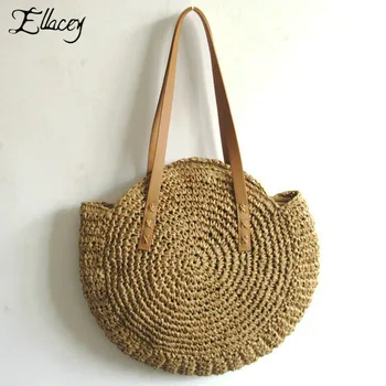 

New Natural Ladies Tote Large Handbag Hand-Woven Big Straw Bag Round Popularity Straw Women Shoulder Bag Beach Holiday Bag