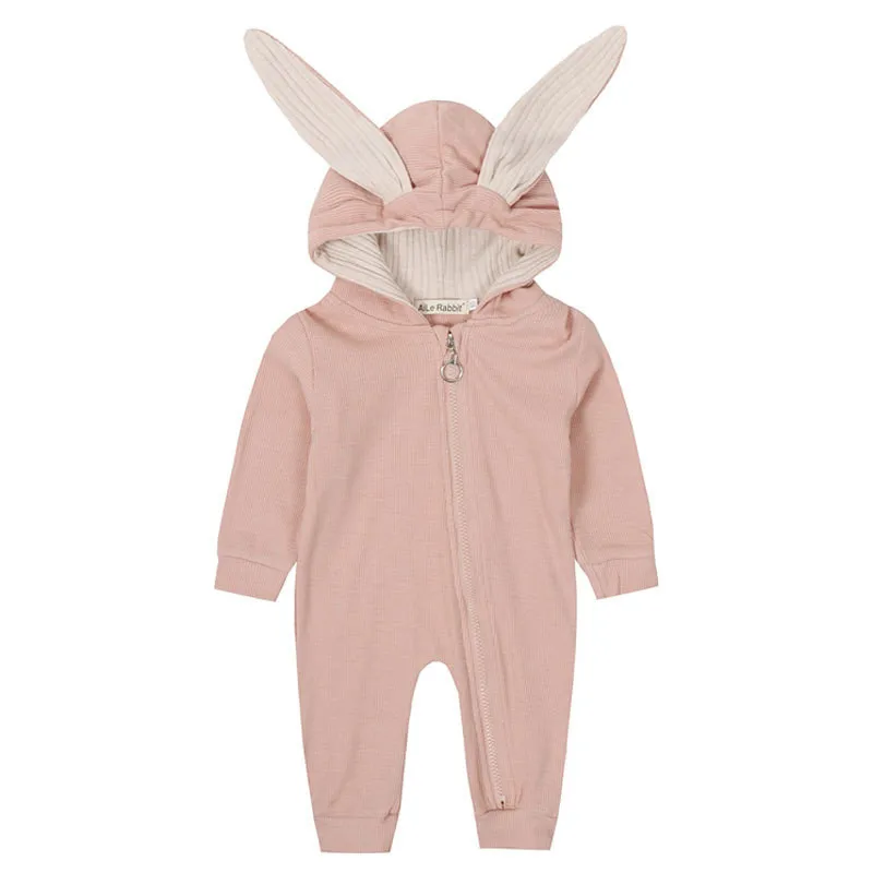 Детские хлопковые комбинезоны с капюшоном и милым кроликом для маленьких девочек и мальчиков, джемперы на молнии для малышей, одежда - Цвет: Розовый