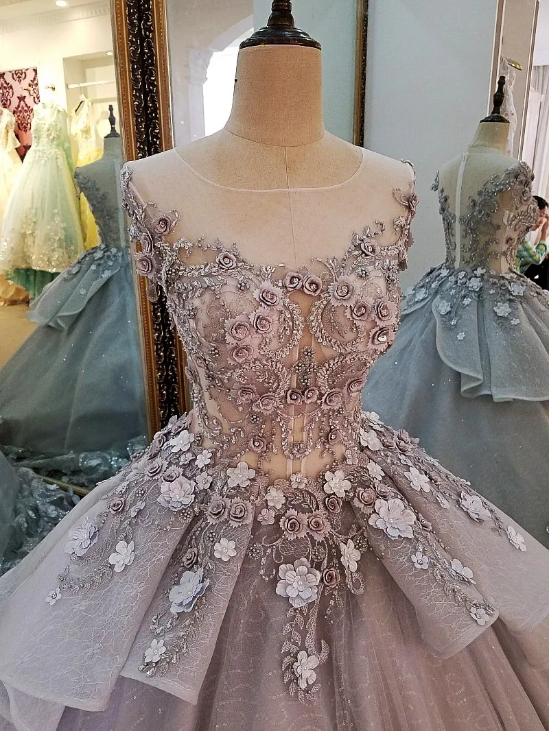 LS00056 evening dresses long flowers zipper back robe de soiree 2018 solde elegant grey ball gown evening dress real photos