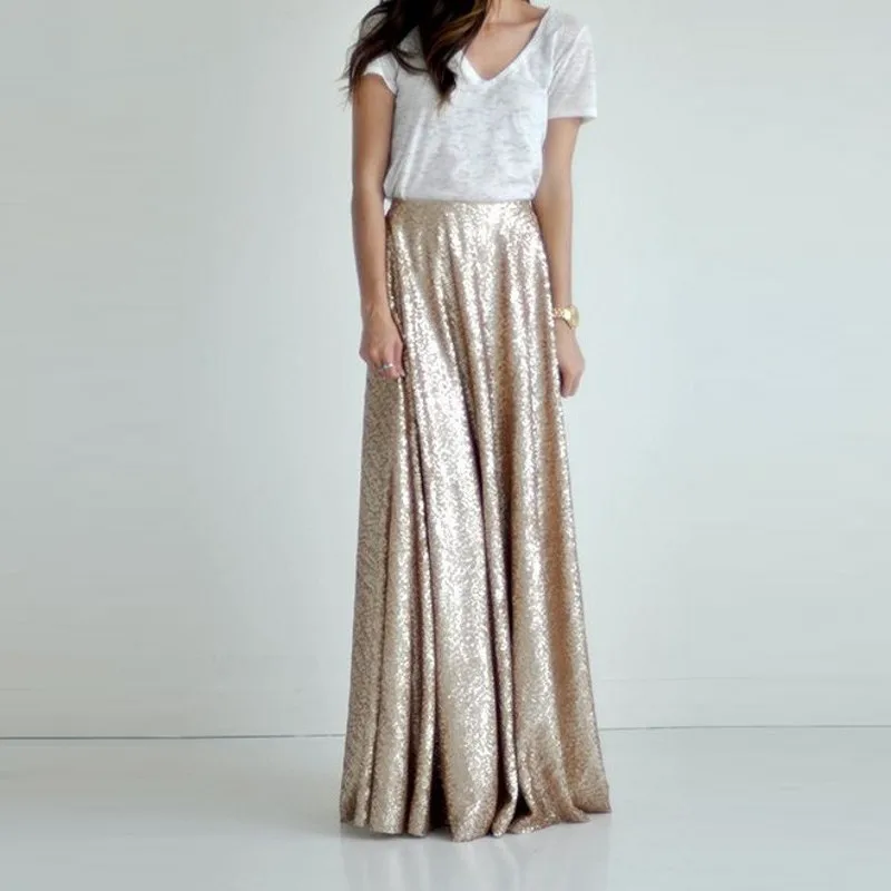 

Fashion Champagne Gold Sequin Maxi Women Skirt Zipper Waist Custom Made A-line Floor Length Chic Causal Sequins Long Skirt Saia