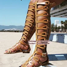 Роскошные брендовые дизайнерские сандалии-гладиаторы до колена с вырезами и молнией сзади, сандалии-гладиаторы на танкетке, женская летняя обувь на плоской подошве