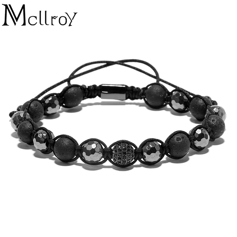 Mcllroy CZ Ball Beads Braiding Macrame Men Bracelet for Men Jewelry Natural Lava Stone Beads Charm Bracelets & Bangles