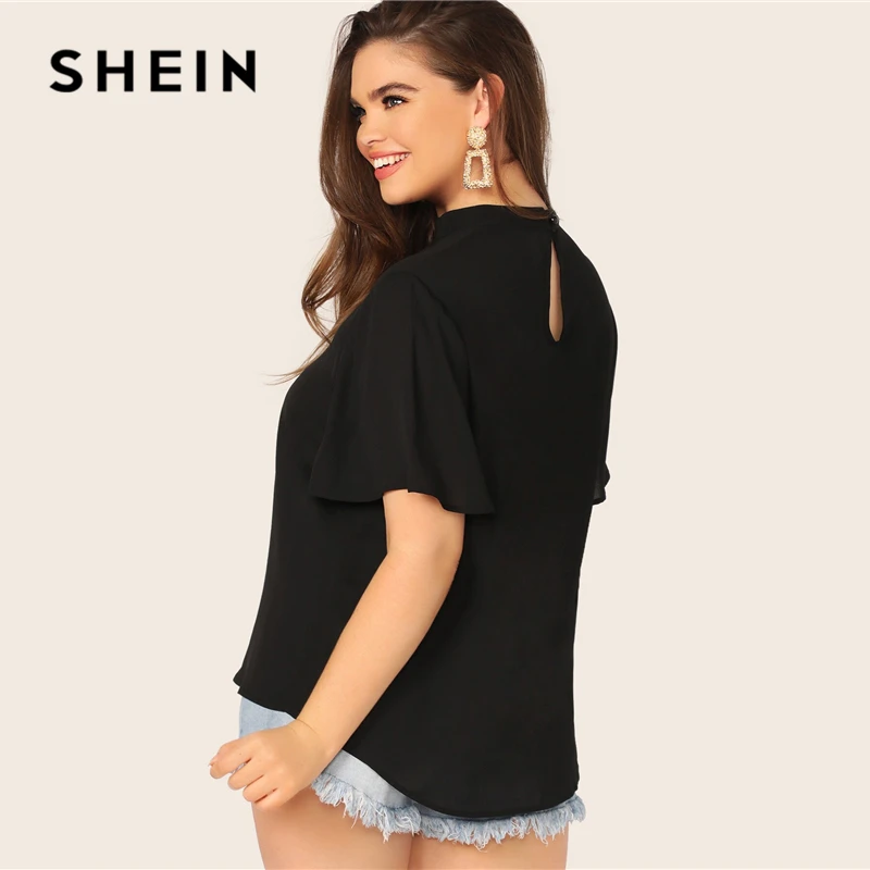 SHEIN, черный топ с v-образным вырезом на спине размера плюс, однотонный топ, блузка,, женская летняя Повседневная рубашка с коротким рукавом и вырезом