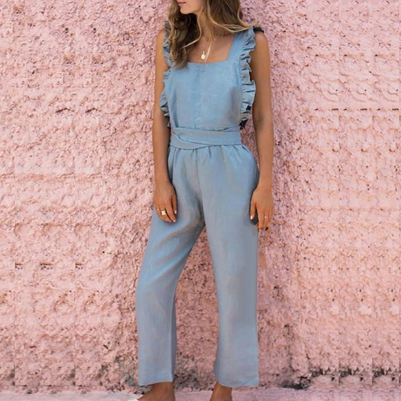 

Women Sexy jumpsuit Square Collar ruffle bodysuit party Cocktail solid color loose Sleeveless Backless Jumpsuit bandage rompers