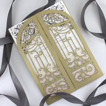 50 шт металлическое золото Gatefold свадебные приглашения, лазерная резка пользовательские приглашения, персонализированные поздравительные открытки