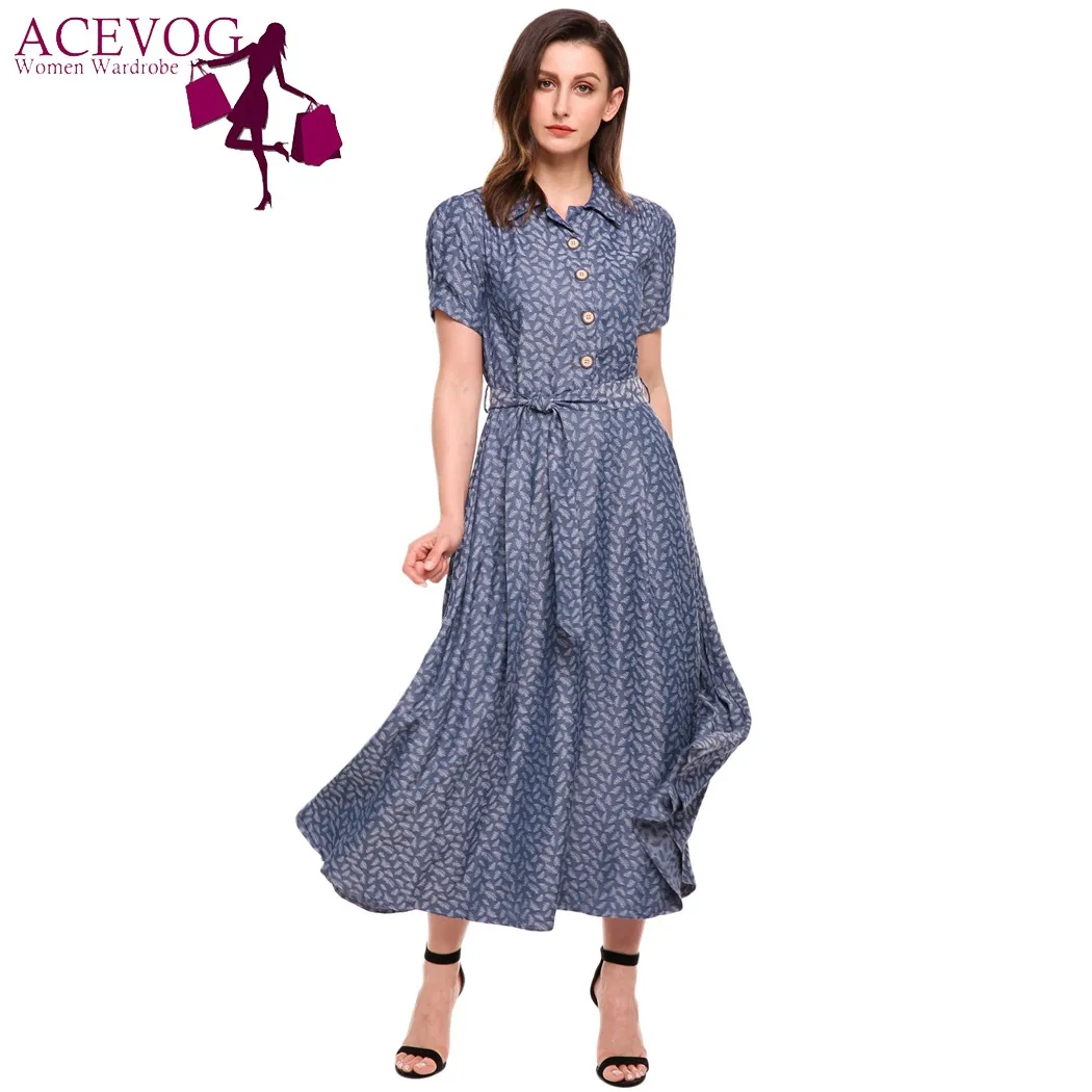 ACEVOG Retro 50s Long Swing Dress Women Print Puff Sleeve Belt High