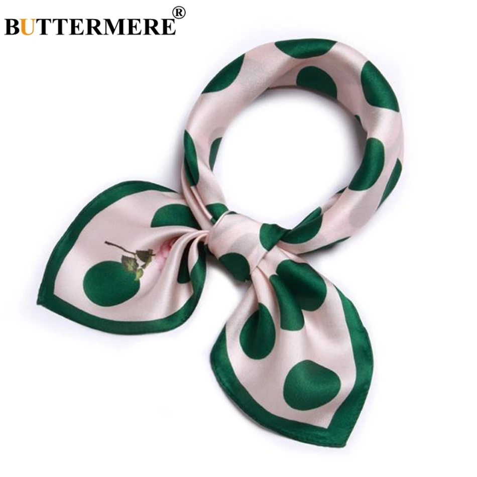 

BUTTERMERE Printed Scarf Women Children Real Silk Head Scarves Green Wave Point Brand Spring Summer Pure Silk Scarves For Women