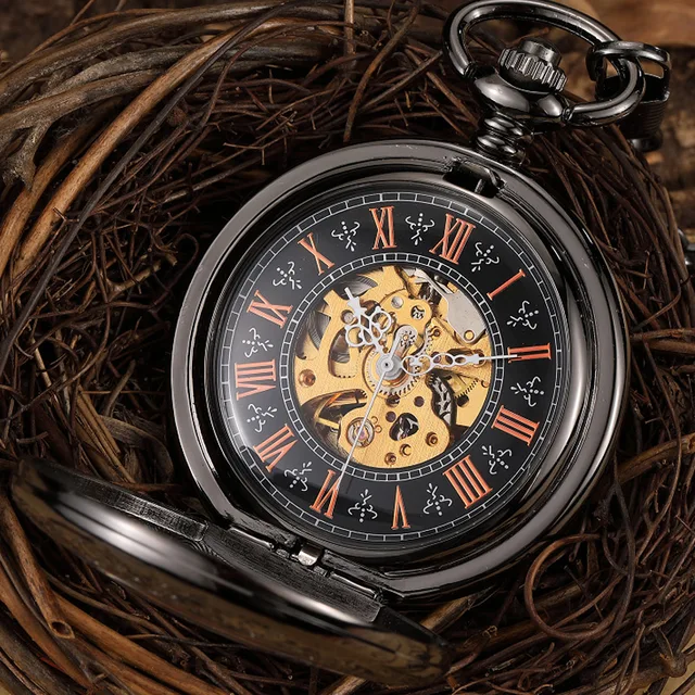 Steampunk Skeleton Mechanical Pocket Watch Men Vintage Black Hand Wind Men Fob W Steampunk Skeleton Mechanical Pocket Watch Men Vintage Black Hand Wind Men Fob W