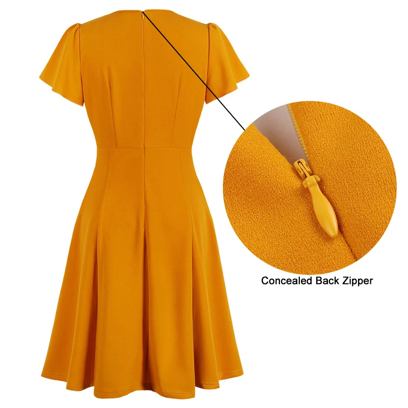 Tonval Vintage Bow Tie Neck High Waist Orange Women Dress Office Lady Elegant Fit and Flare Work Solid Dresses