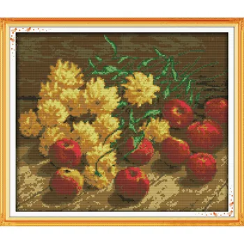 

Joy Suday Flowers And Apples Chinese Cross Stitch Kits Ecological Cotton Stamped Printed 14 11CT DIY Wedding Decoration For Home
