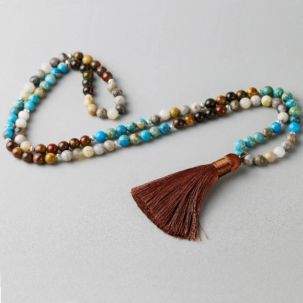 Natural Blue Imperial stone With Red creek Stone Bamboo Onyx Beaded Stone Tassel Charm Necklace Women Men 108 Mala Jewelry