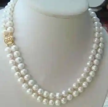 

hot 2 row 9-10MM AKOYA REAL WHITE PEARL NECKLACE 14k Clasp