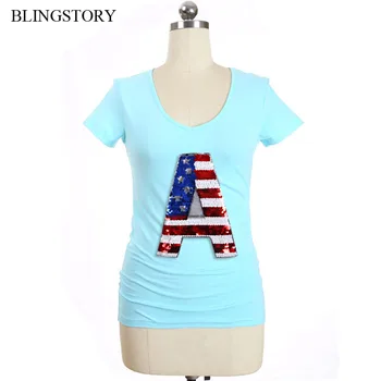 

BLINGSTORY Embroidery Letter V-neck Short Sleeved Summer T-shirt Big Size Women's Top
