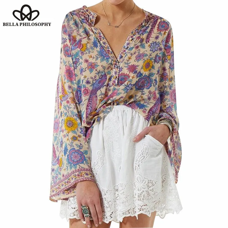 

Wonder Boho Peacock Floral Print Floral Blouse Shirt New Flare Sleeve Loose Blouses Tops Casual Femme Blusas Mujer 2019