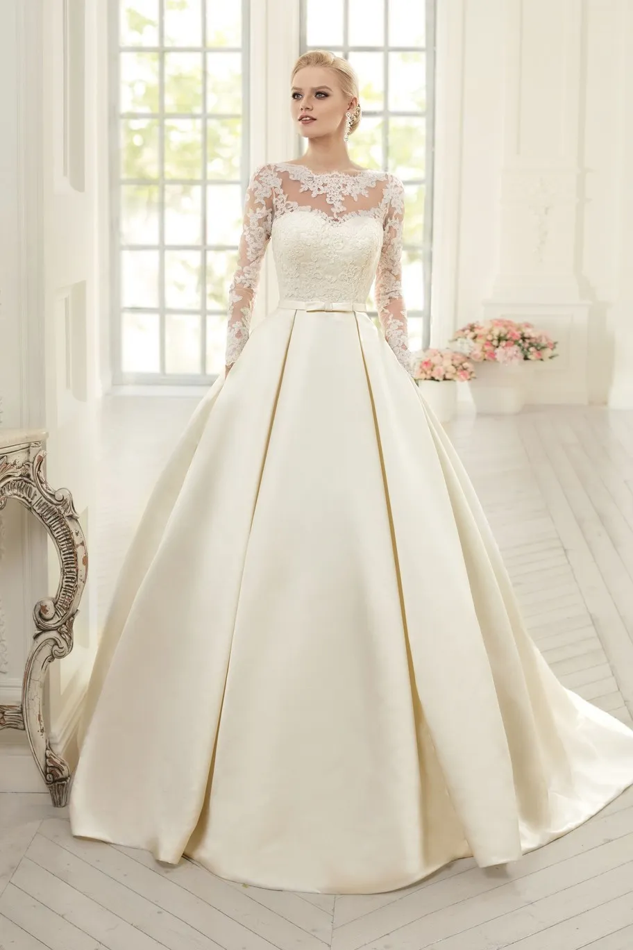 Elegant Soft Satin Ball Gown Wedding Dresses 2017 Long