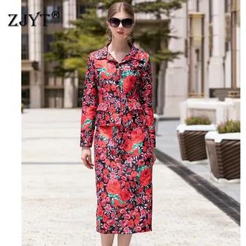 

2019 New Autumn Winter Runway Suit Women Elegant Designer Full Sleeve Vintage Floral Print Jacket and Skirt 2Piece Set Outfits