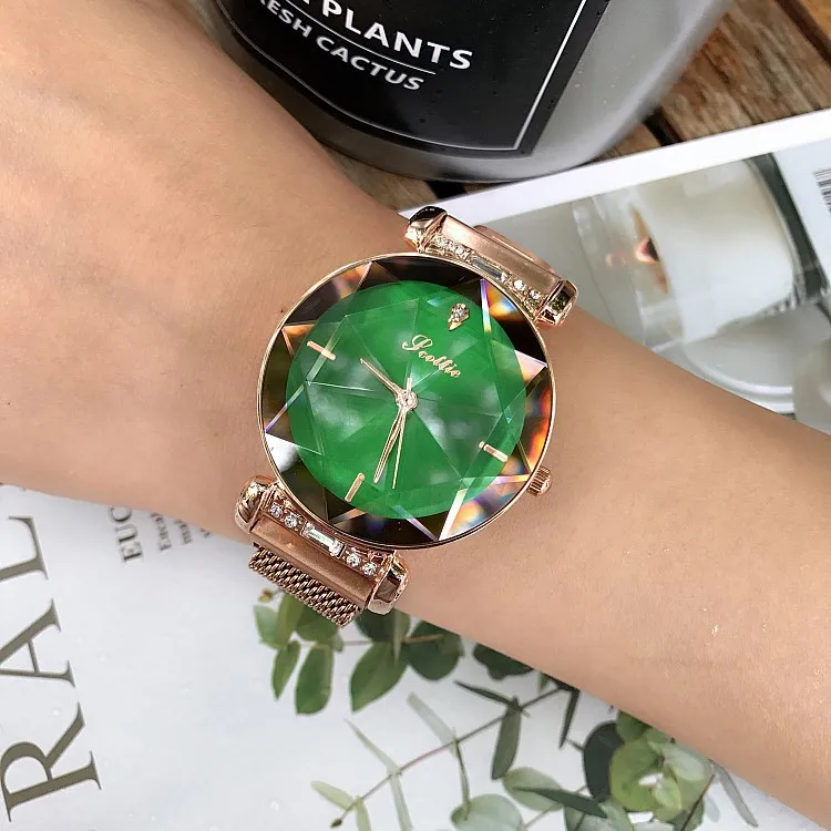 Роскошные женские часы для женщин с магнитной пряжкой, нарядные часы для женщин, новинка, кварцевые часы из нержавеющей стали, часы для женщин horloges vrouwen - Цвет: Зеленый