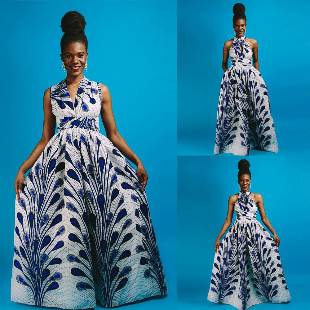 

Dress For Women Multiway Bandage Wrap Sleeveless Slit V-neck Dresses 2019 Lady Long Summer Dresses Feather Printed Maxi Dress