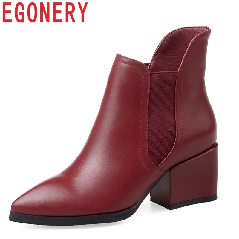 

EGONERY newest popular genuine leather pointed toe high square heel elastic band fashion large size black and wine red booties
