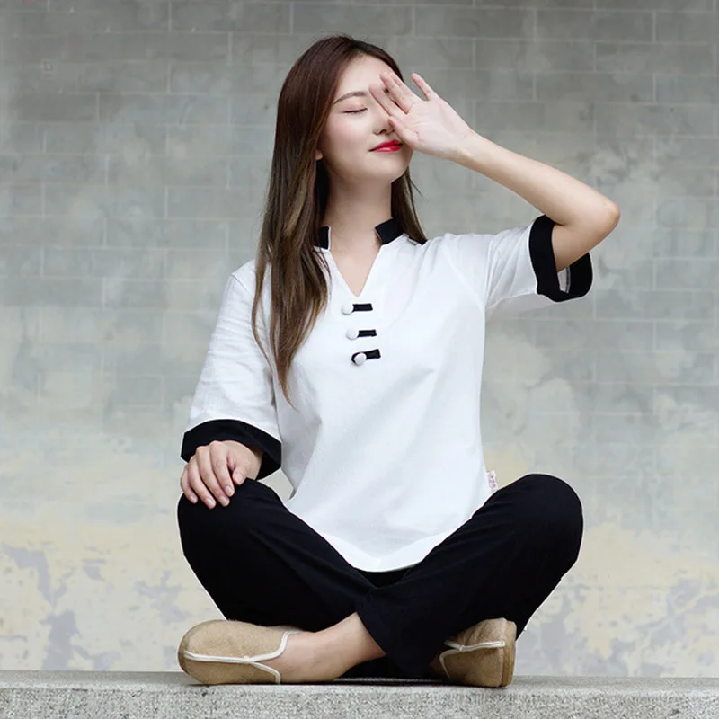 

Women Shirt and Pants 2pcs Yoga Suit Gym Clothes Cotton and Linen Fabric Meditation Clothing Zen Suit Women Tai Chi Clothes