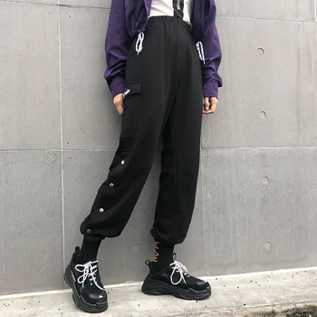 

Women Pockets Patchwork Cargo Pants Black Cotton High Waist Trouser Women Fashion Streetwear Elastic Waist Pencil Pants