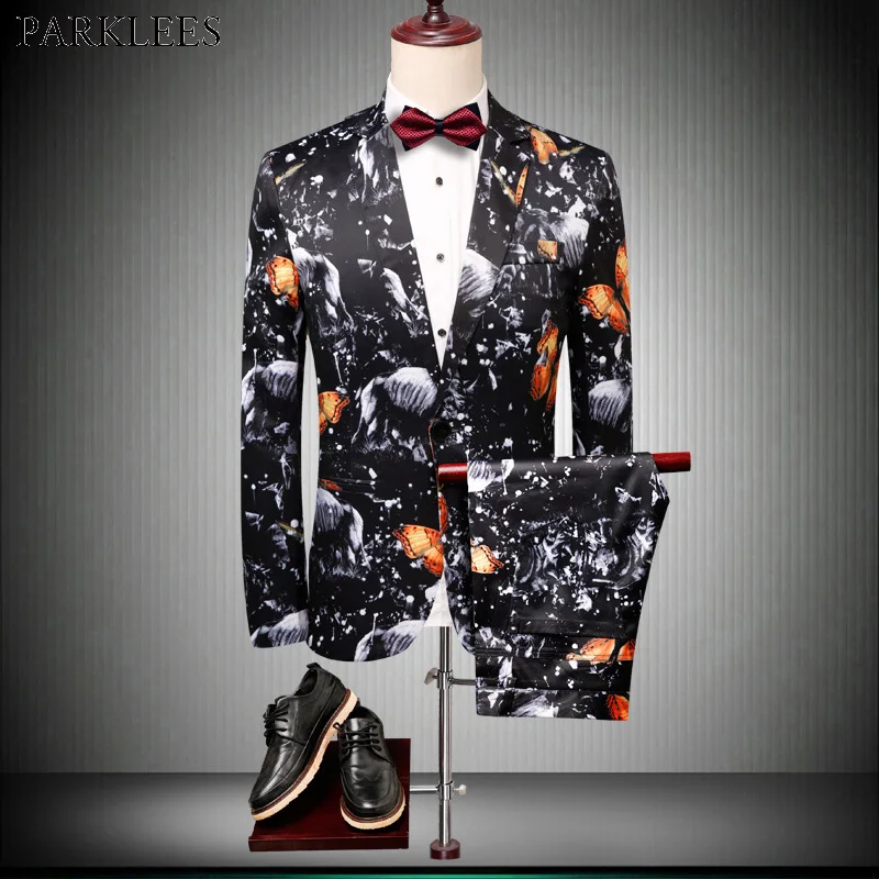 Мужские вечерние банкетные костюмы из 2 предметов(пиджак+ брюки),, модный мужской костюм с 3D принтом бабочки, мужские костюмы на свадьбу, выпускной, Terno Masculino 4XL