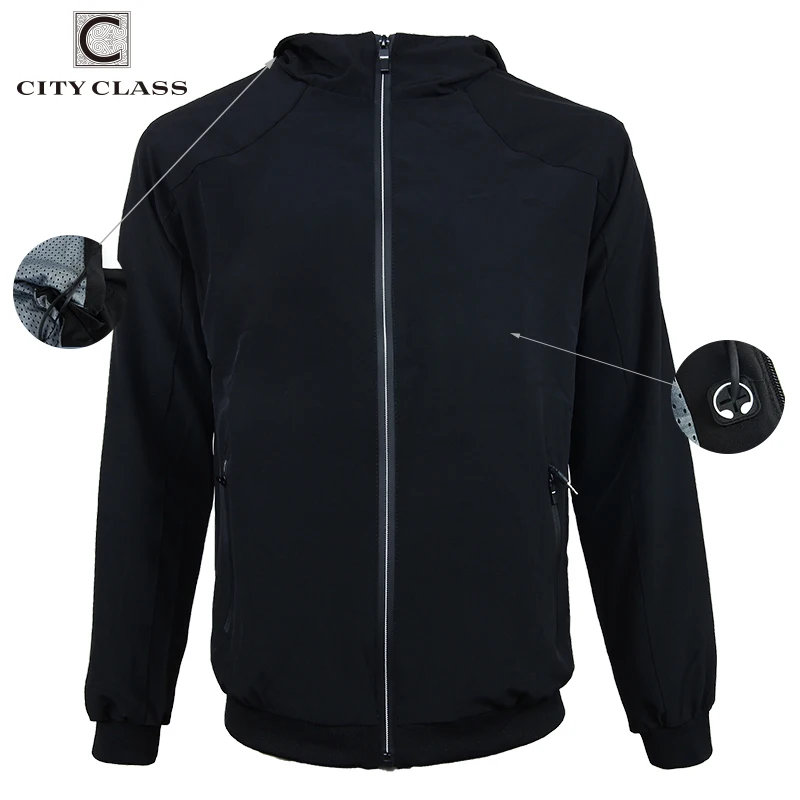 

CITY CLASS Spring breathable mens windbreakers headset hooded jacket zipper pockets casual long sleeves coats top outwear 1706