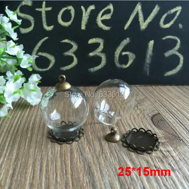 Freeship 20sets 25*15mm Glass global vial & bronze double lace base