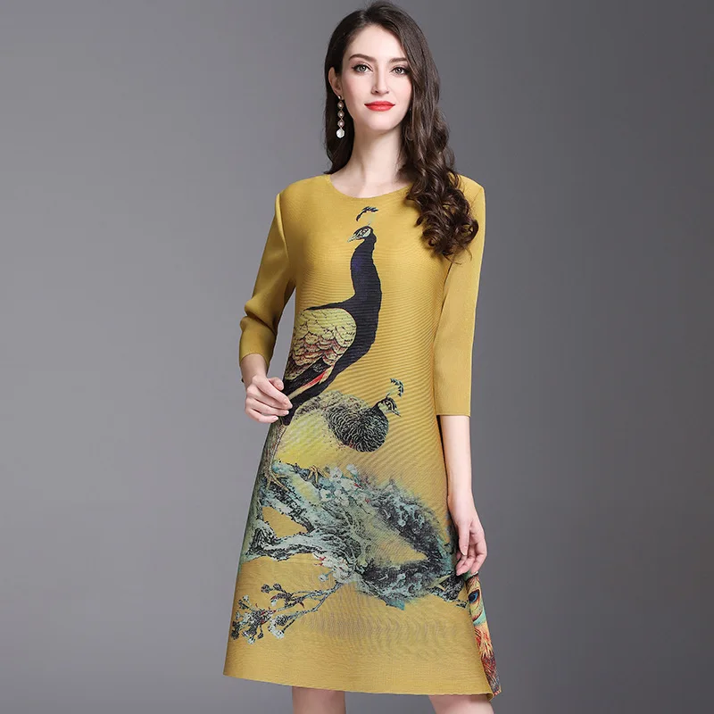 

LANMREM 2019 New Summer Styles Women Thin Clothes Round Neck Three Quarter Printed Loose Pleated Dress Pullover WF77007