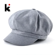 Осень зима головные уборы для женщин Имитация шерсти Восьмиугольные кепка для мужчин сплошной цвет винтажные береты шляпа Мода шляпы