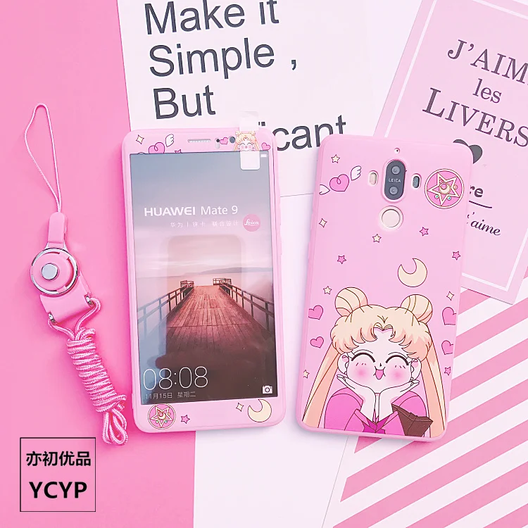 

Sailor Moon case for Huawei mate 9 10 pro, soft silicone mobile back cover for nova2s, tempered glass screen protector + strap