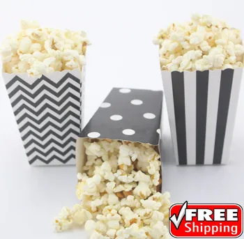 

36pcs Mix 3 Designs Black Striped Polka Dot Chevron Paper Popcorn Boxes-Kids Movie Theater Party Favor Candy Snack Treat Buckets