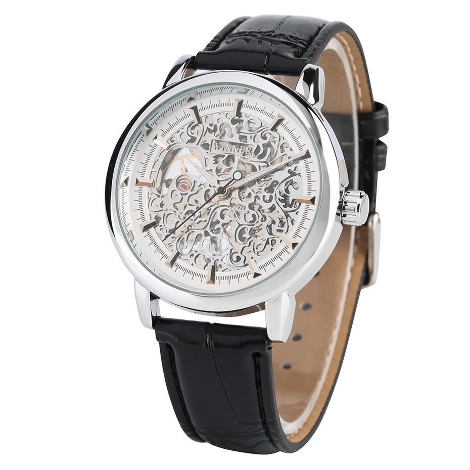 WINNER Watch Men Silver Skeleton Mechanical Hand-Winding Men's Watch Classic Leather Strap Business Male Gear Watch Montre Homme 2019 2020 2021 2022 (3)
