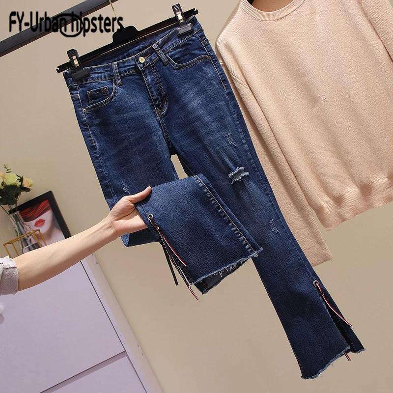Mezclilla Mujeres Pantalones Cinta Cintura La Mujer Pierna Rip Tobillo Jeans Denim Agujero Longitud Decoración Stretch Blue Dividir Dark Coreano Las Vaqueros 6820 De Del qYWaanOf0