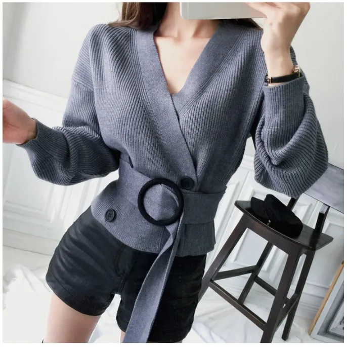 New High Quality Warm Cardigan Winter Women V Neck Double Breasted Short Sweaters Women Casual With Belt Knit Sweater DS50816