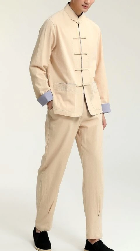 Mens Kung Fu Martial Suit Martial Arts Kung Fu Uniform Long Sleeve Coat Tops and Pants Beige-3XL