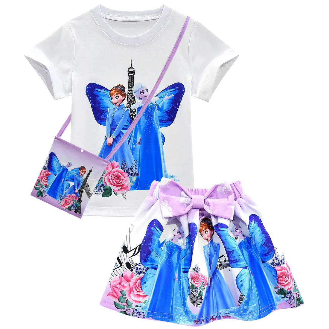 Г., одежда для маленьких девочек комплекты с принтом Эльзы, с короткими рукавами, с круглым вырезом и бантом, с коротким рукавом, на сумку на юбку, 3 предмета, вечерние летние комплекты принцессы Эльзы