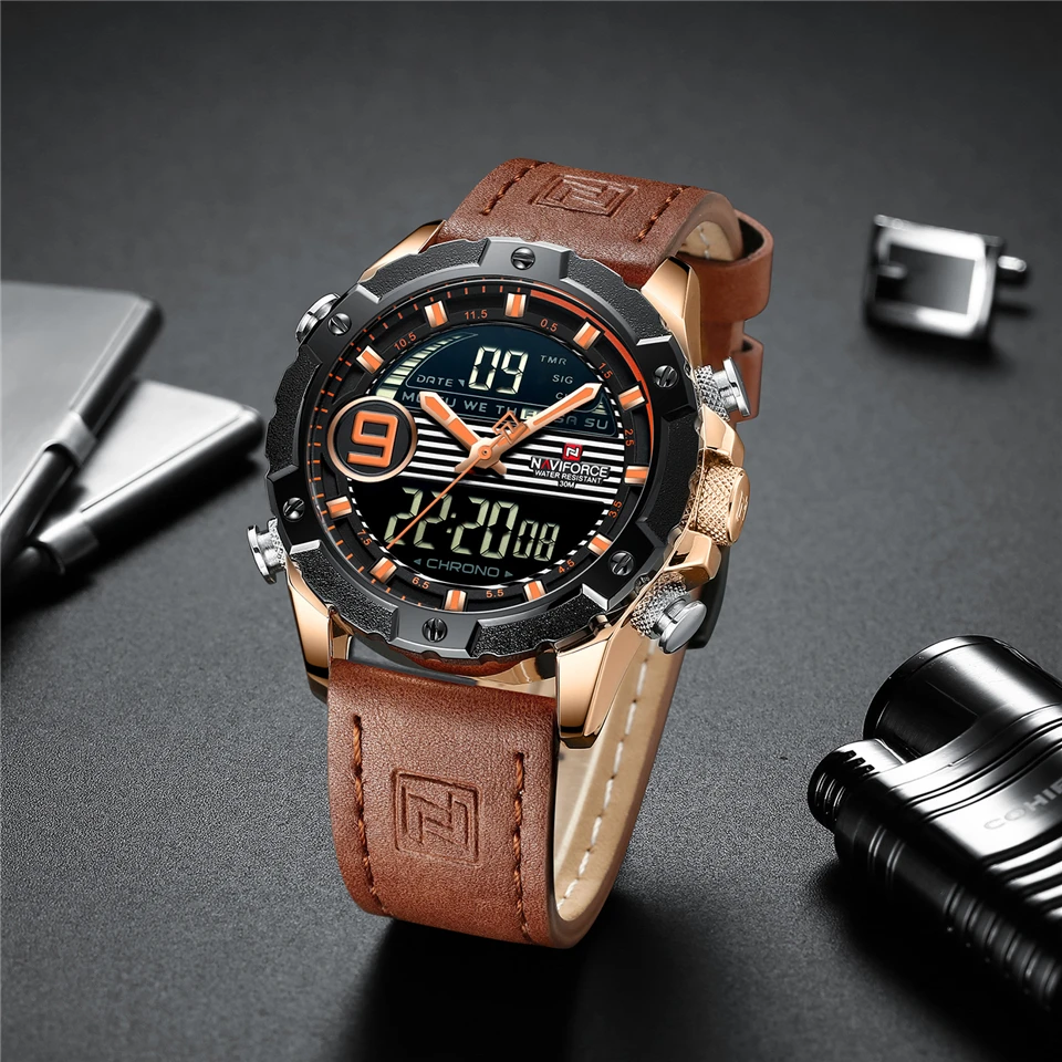 NAVIFORCE брендовые новые мужские часы цифровые кожаные мужские спортивные часы с хронографом военные кварцевые часы 3 бар водонепроницаемые коричневый желтый