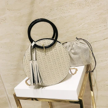 

ICON Women Handmade Round Beach Shoulder Bag Circle Straw Bags Summer Woven Rattan Handbags Women Messenger Bags(white)