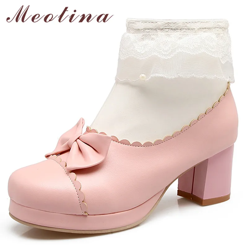 

Meotina Autumn Ankle Boots Women Bow Mixed Colors Thick High Heels Short Boots Lace Zipper Square Toe Shoes Lady Winter Size 43