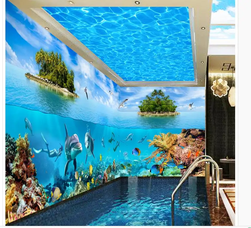 

3d ceiling murals wallpaper Sea World theme island 3D stereoscopic space backdrop living 3d wallpaper