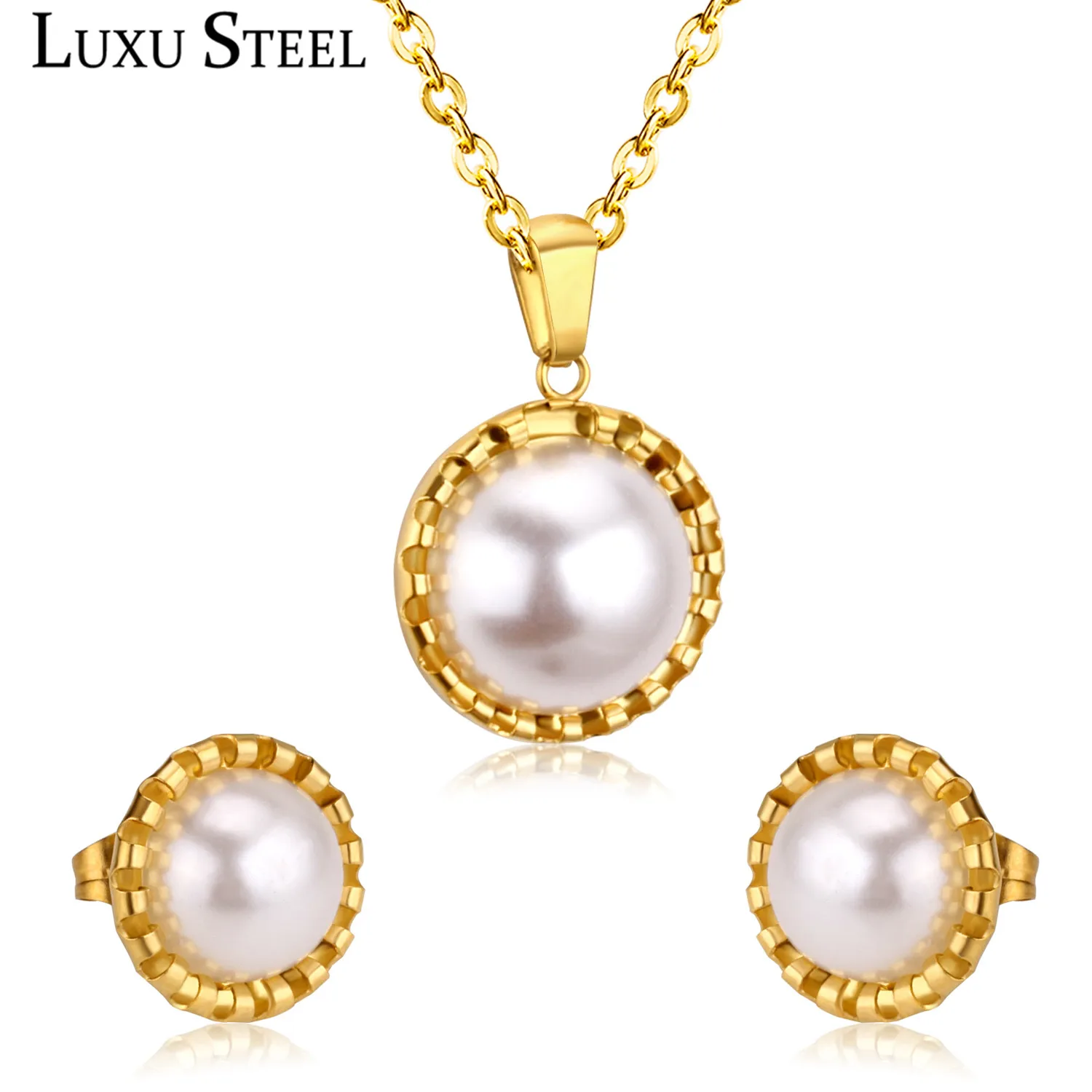 

LUXUSTEEL Imitation Pearl Pendant Necklace Stainless Steel Gold/Silver Wedding Jewelry Sets For Women/Girl Wholesale Party