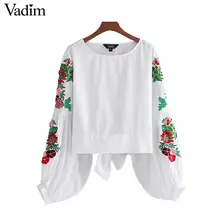 Vadim sweet floral embroidery white shirts lantern sleeve back bow tie blouses ladies summer casual brand tops blusas LT2024