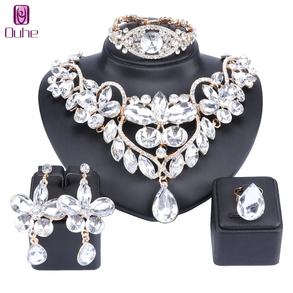 Роскошное Кристальное ожерелье с цветком из страз браслет серьги кольцо набор для женщин Свадебные Ювелирные наборы 5 цветов