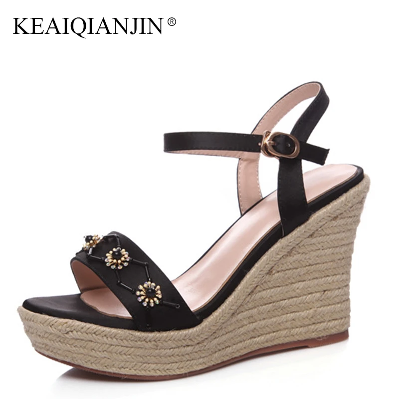 

KEAIQIANJIN Woman Peep Toe Wedges Sandals Fashion Black High Heels Shoes Sexy Summer Genuine Leather Open Toe Crystal Sandals