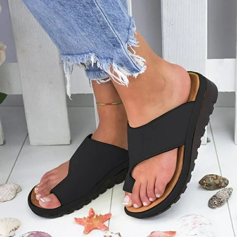 Женская обувь из искусственной кожи Удобные женские повседневные мягкие сандалии на плоской платформе с большим носком ортопедический корректор