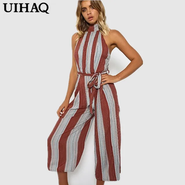 Bohemian Casual Rompers Womens Jumpsuit Striped Slim Long Jumpsuits