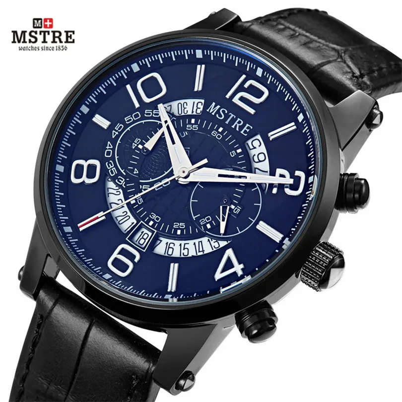 2016 Men s Wrist watches Luxury Brand Genuine Leather Strap Quartz Calendar Watch 24 Hours Function